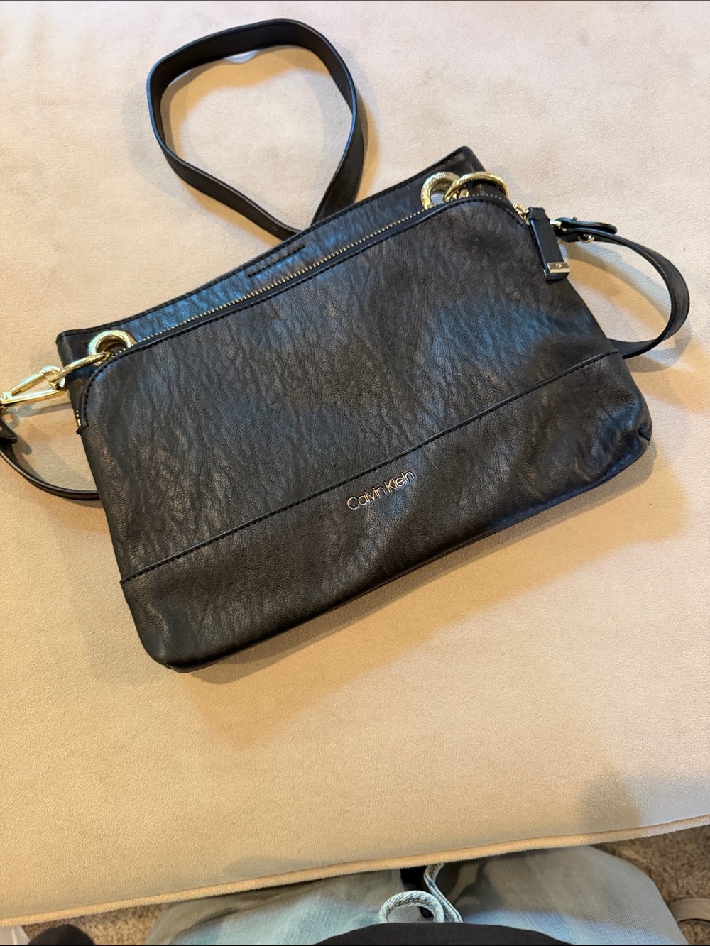 Calvin Klein Black Leather Crossbody with Gold Accents